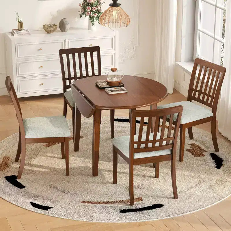 GDFStudio Turner 5-Piece Round Dining Table Set with 1 Folding Wood Dining Table and 4 Upholstered Chairs