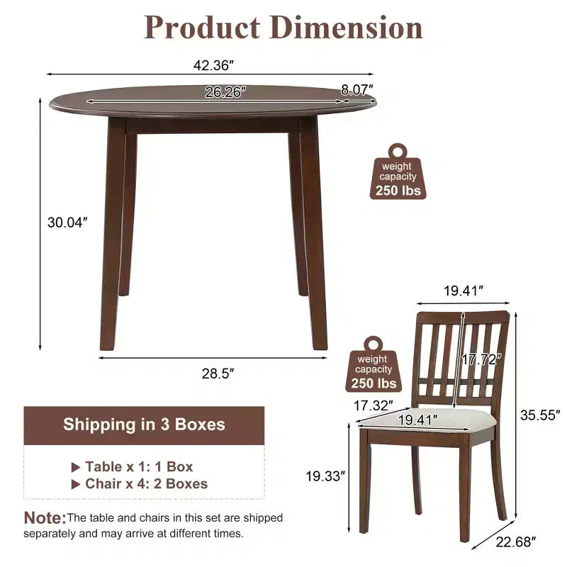 GDFStudio Turner 5-Piece Round Dining Table Set with 1 Folding Wood Dining Table and 4 Upholstered Chairs