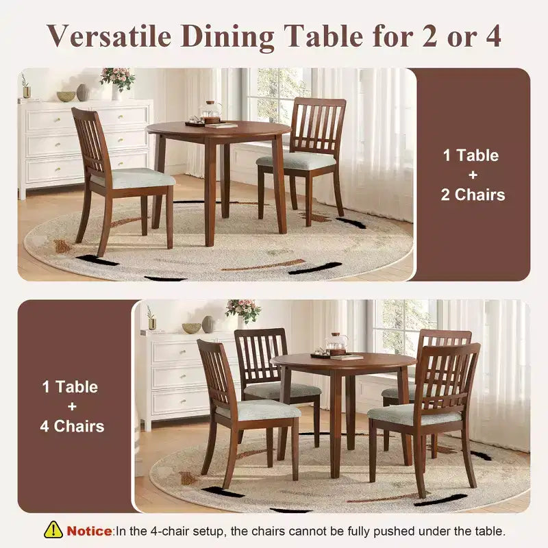 GDFStudio Turner 5-Piece Round Dining Table Set with 1 Folding Wood Dining Table and 4 Upholstered Chairs