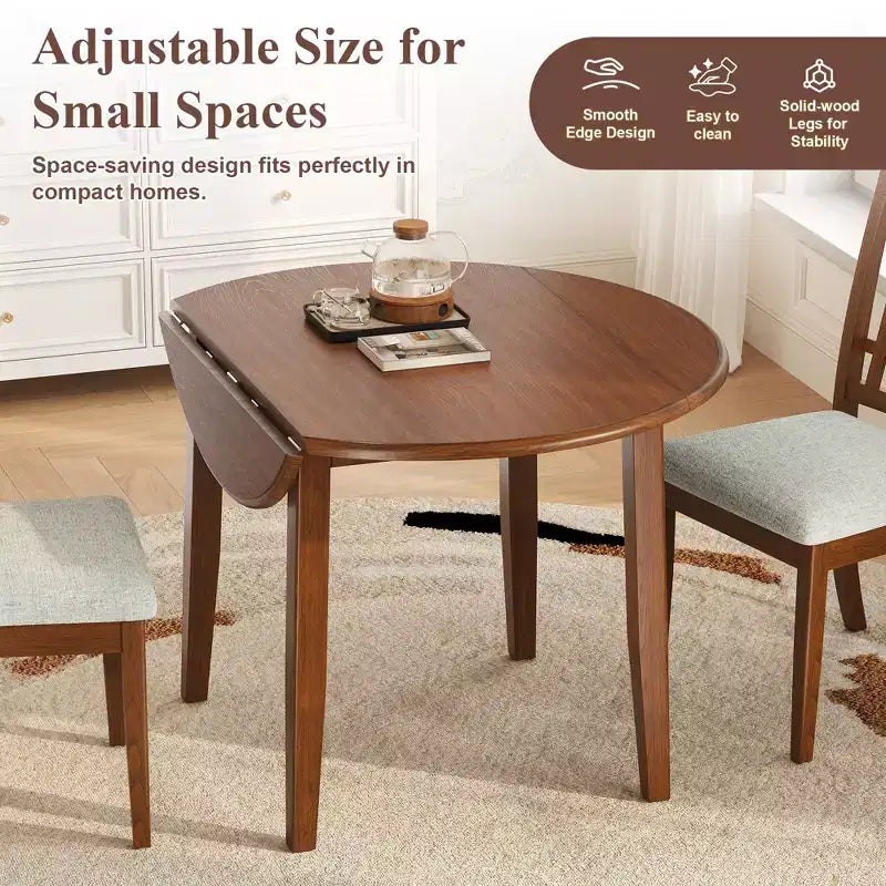 GDFStudio Turner 5-Piece Round Dining Table Set with 1 Folding Wood Dining Table and 4 Upholstered Chairs