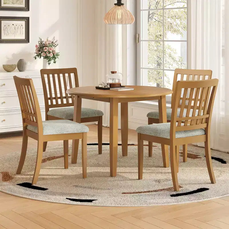 GDFStudio Turner 5-Piece Round Dining Table Set with 1 Folding Wood Dining Table and 4 Upholstered Chairs