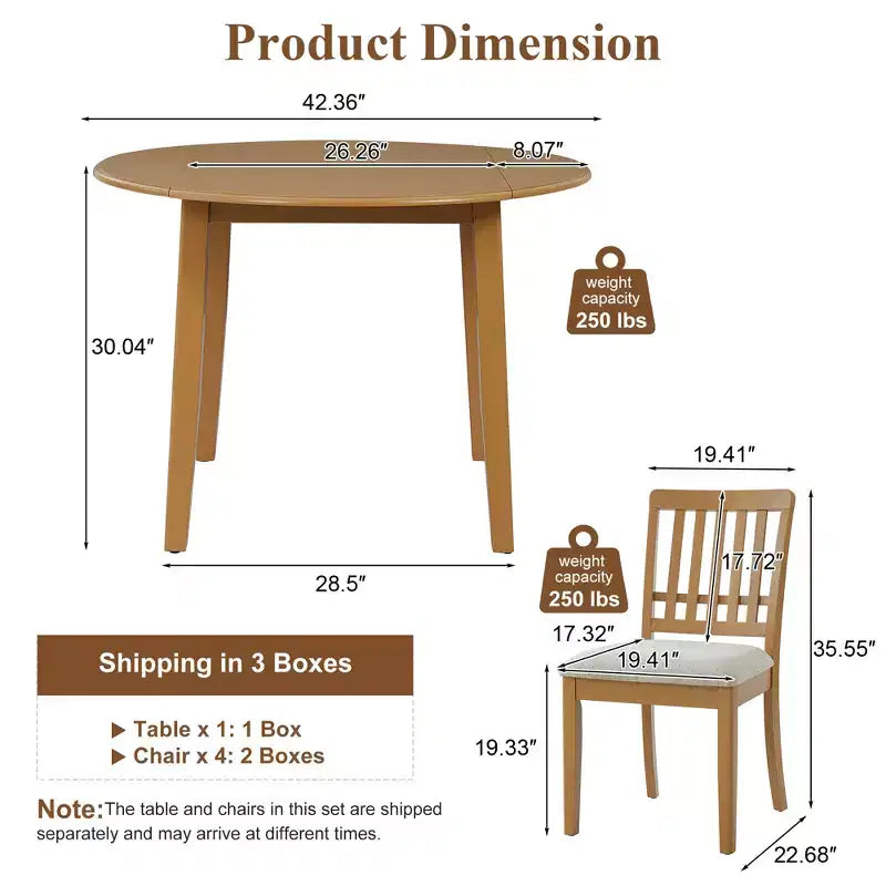 GDFStudio Turner 5-Piece Round Dining Table Set with 1 Folding Wood Dining Table and 4 Upholstered Chairs