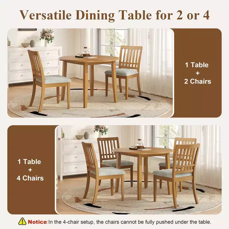 GDFStudio Turner 5-Piece Round Dining Table Set with 1 Folding Wood Dining Table and 4 Upholstered Chairs