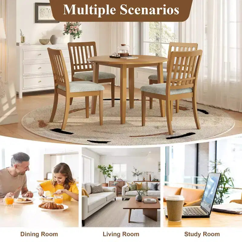 GDFStudio Turner 5-Piece Round Dining Table Set with 1 Folding Wood Dining Table and 4 Upholstered Chairs