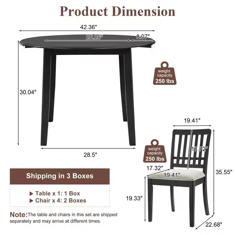 GDFStudio Turner 5-Piece Round Dining Table Set with 1 Folding Wood Dining Table and 4 Upholstered Chairs