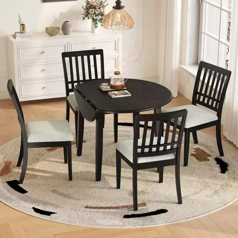 GDFStudio Turner 5-Piece Round Dining Table Set with 1 Folding Wood Dining Table and 4 Upholstered Chairs
