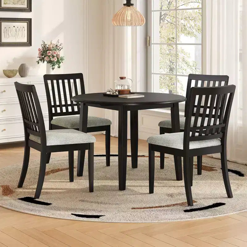 GDFStudio Turner 5-Piece Round Dining Table Set with 1 Folding Wood Dining Table and 4 Upholstered Chairs