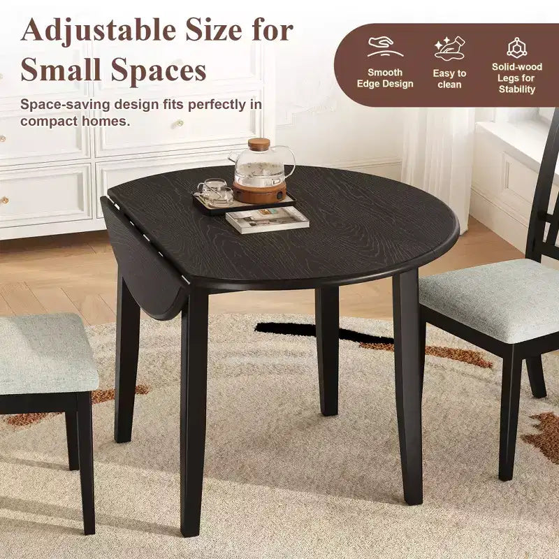 GDFStudio Turner 5-Piece Round Dining Table Set with 1 Folding Wood Dining Table and 4 Upholstered Chairs