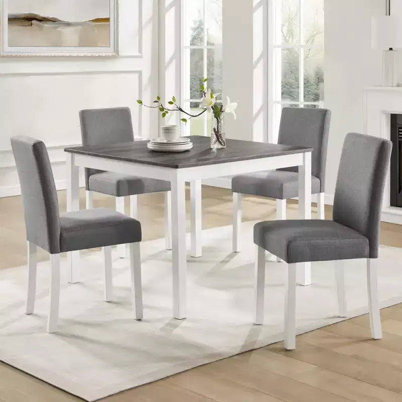 GDFStudio Roseanne 5 Piece Modern Rubberwood Dining Table Set with 4 Linen Upholstered Chairs