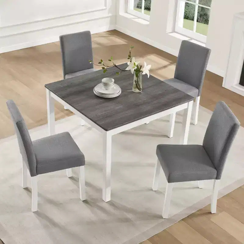 GDFStudio Roseanne 5 Piece Modern Rubberwood Dining Table Set with 4 Linen Upholstered Chairs