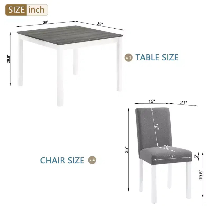 GDFStudio Roseanne 5 Piece Modern Rubberwood Dining Table Set with 4 Linen Upholstered Chairs
