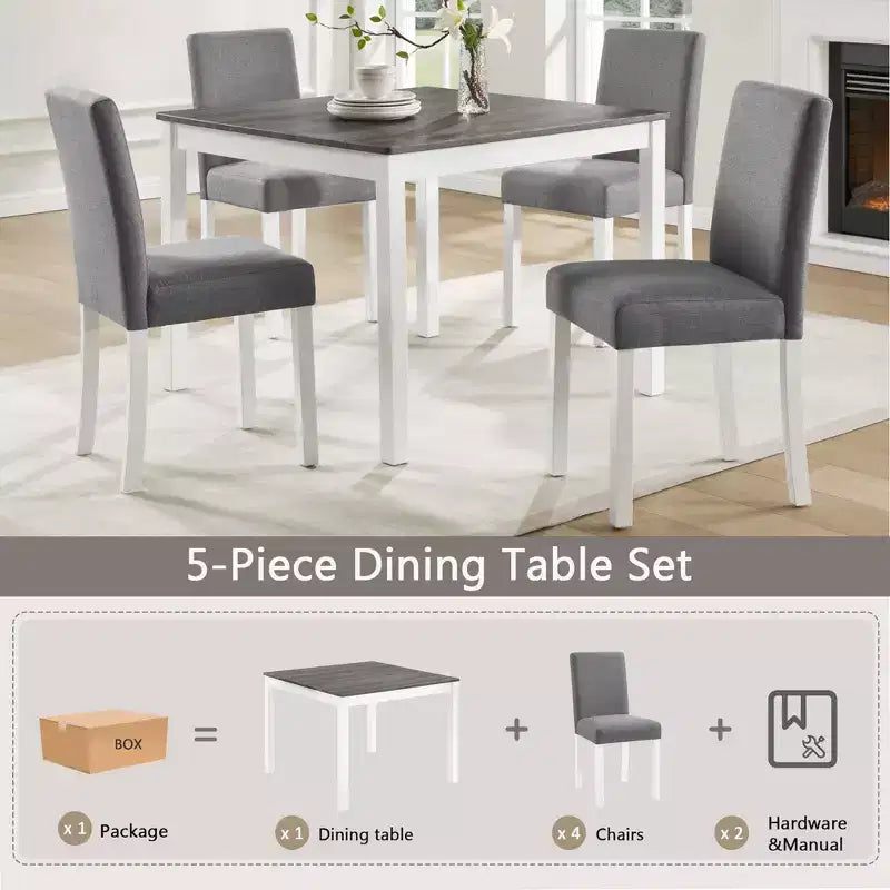 GDFStudio Roseanne 5 Piece Modern Rubberwood Dining Table Set with 4 Linen Upholstered Chairs