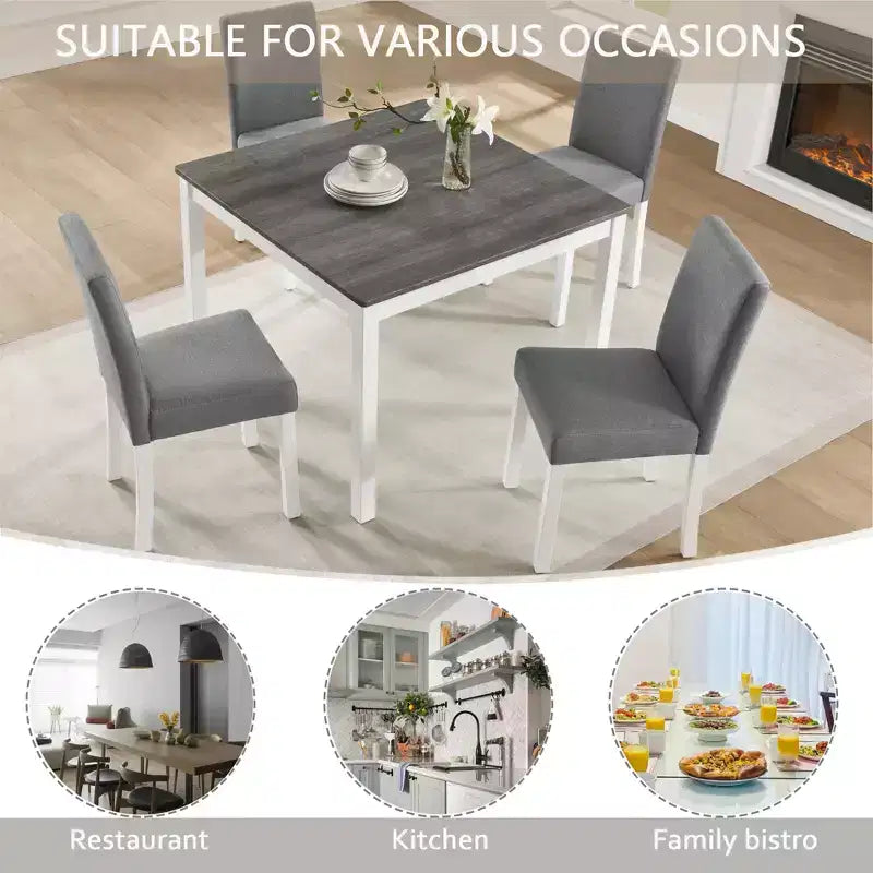 GDFStudio Roseanne 5 Piece Modern Rubberwood Dining Table Set with 4 Linen Upholstered Chairs