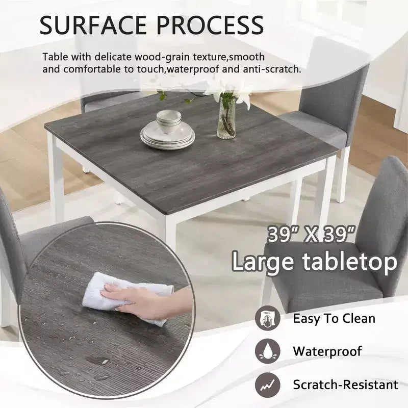 GDFStudio Roseanne 5 Piece Modern Rubberwood Dining Table Set with 4 Linen Upholstered Chairs