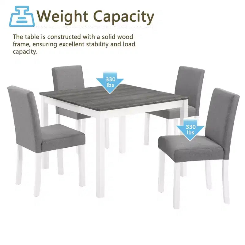 GDFStudio Roseanne 5 Piece Modern Rubberwood Dining Table Set with 4 Linen Upholstered Chairs