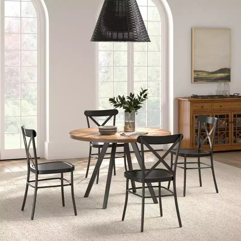 Jolana 45 Round Oak Top Black Finish Dining Table and X-Back Metal Chairs Set - iNSPIRE Q