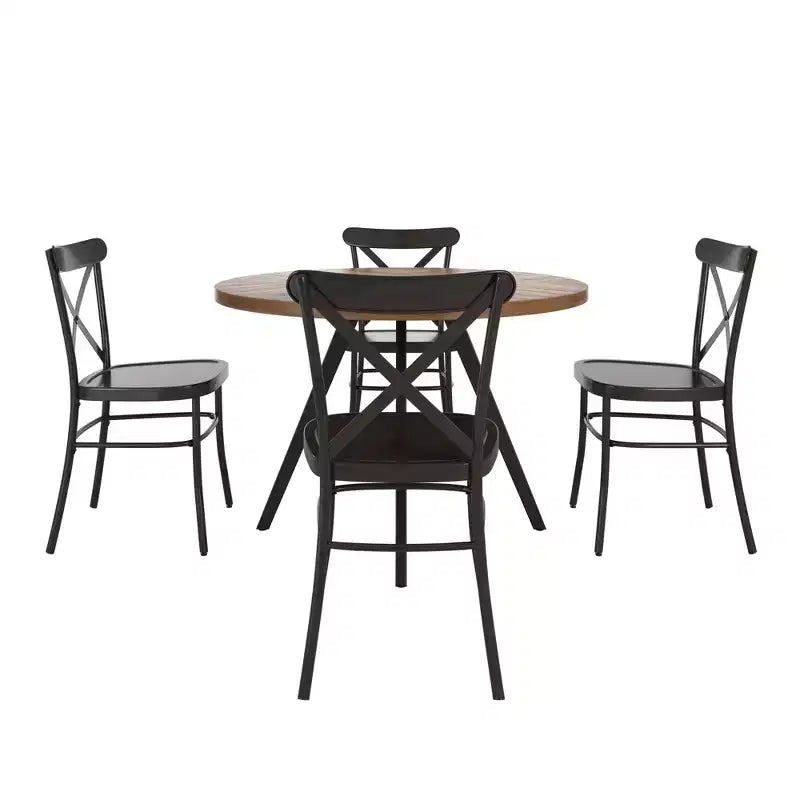 Jolana 45 Round Oak Top Black Finish Dining Table and X-Back Metal Chairs Set - iNSPIRE Q
