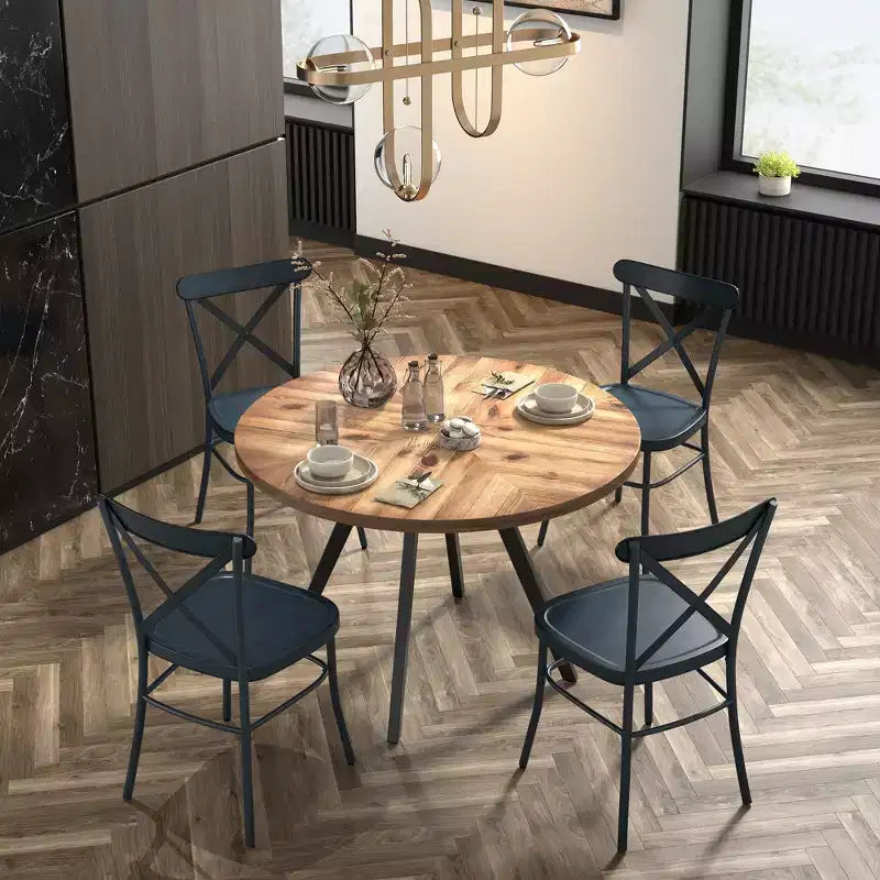 Jolana 45 Round Oak Top Black Finish Dining Table and X-Back Metal Chairs Set - iNSPIRE Q