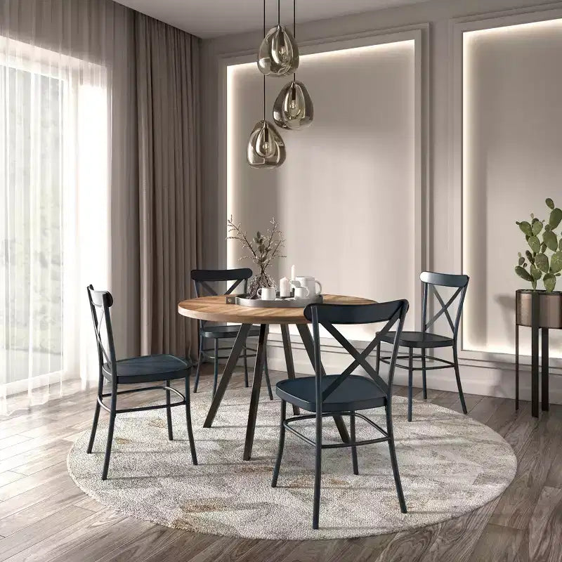Jolana 45 Round Oak Top Black Finish Dining Table and X-Back Metal Chairs Set - iNSPIRE Q
