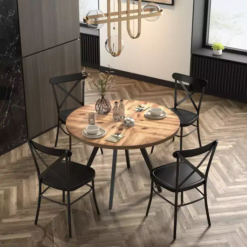 Jolana 45 Round Oak Top Black Finish Dining Table and X-Back Metal Chairs Set - iNSPIRE Q