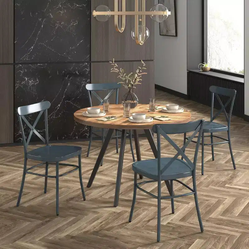 Jolana 45 Round Oak Top Black Finish Dining Table and X-Back Metal Chairs Set - iNSPIRE Q