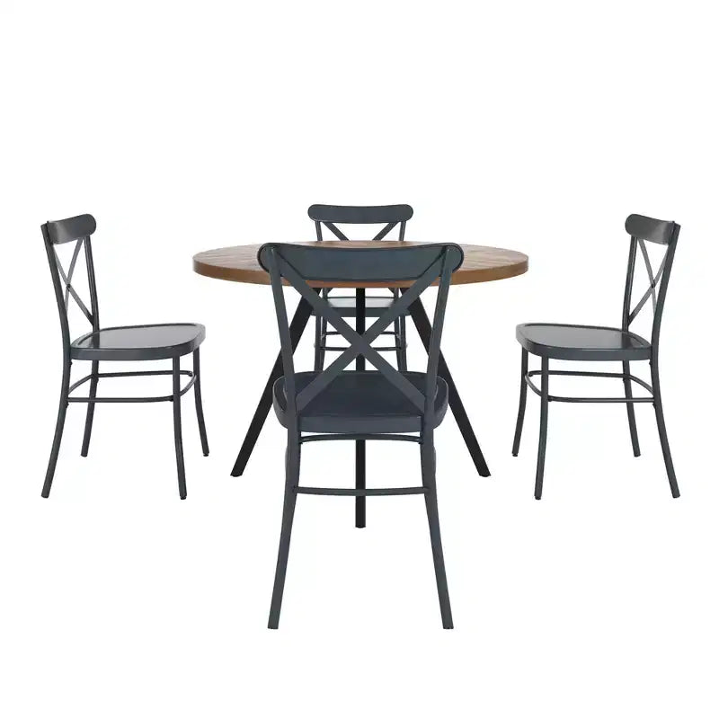 Jolana 45 Round Oak Top Black Finish Dining Table and X-Back Metal Chairs Set - iNSPIRE Q