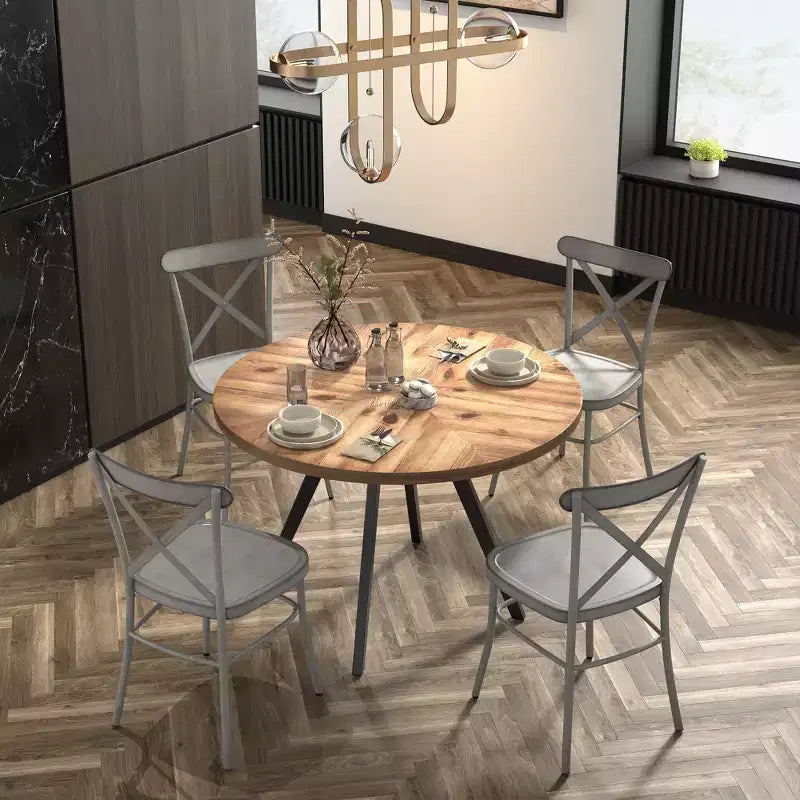 Jolana 45 Round Oak Top Black Finish Dining Table and X-Back Metal Chairs Set - iNSPIRE Q