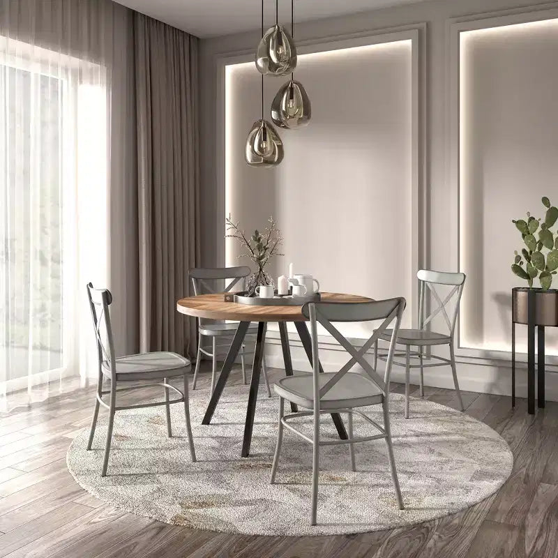 Jolana 45 Round Oak Top Black Finish Dining Table and X-Back Metal Chairs Set - iNSPIRE Q