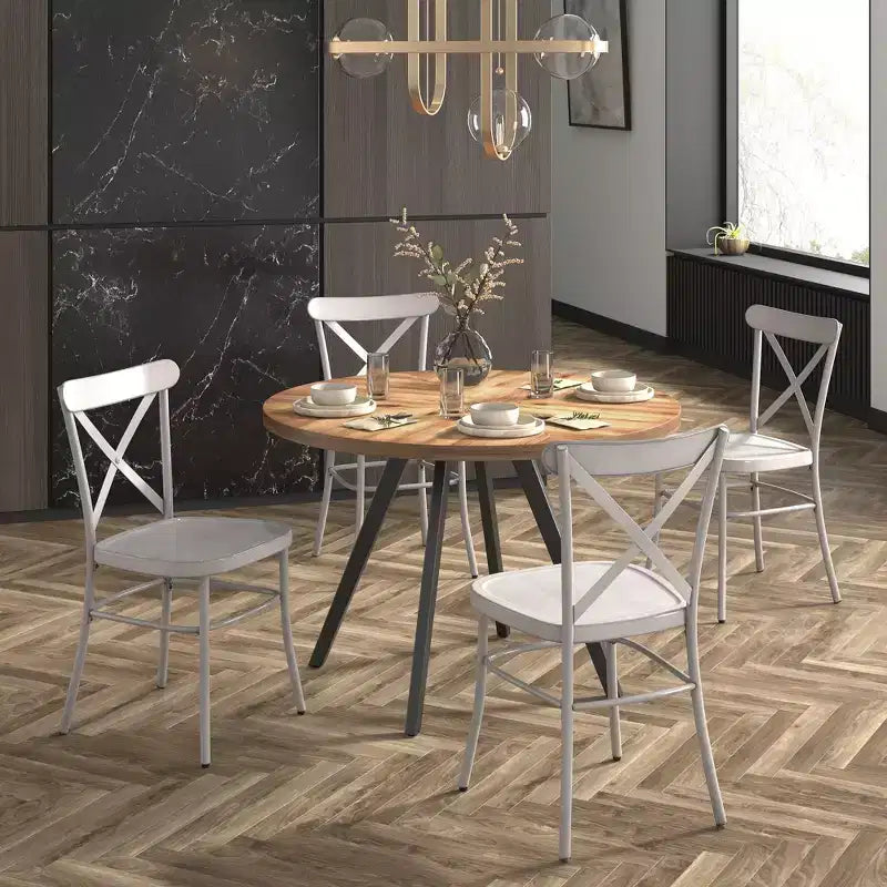 Jolana 45 Round Oak Top Black Finish Dining Table and X-Back Metal Chairs Set - iNSPIRE Q