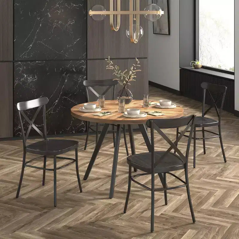 Jolana 45 Round Oak Top Black Finish Dining Table and X-Back Metal Chairs Set - iNSPIRE Q