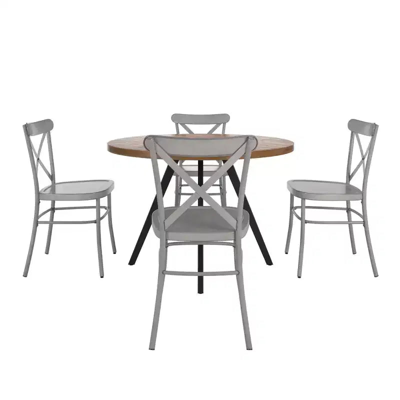 Jolana 45 Round Oak Top Black Finish Dining Table and X-Back Metal Chairs Set - iNSPIRE Q
