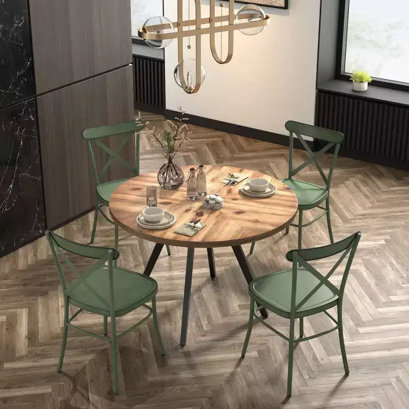 Jolana 45 Round Oak Top Black Finish Dining Table and X-Back Metal Chairs Set - iNSPIRE Q