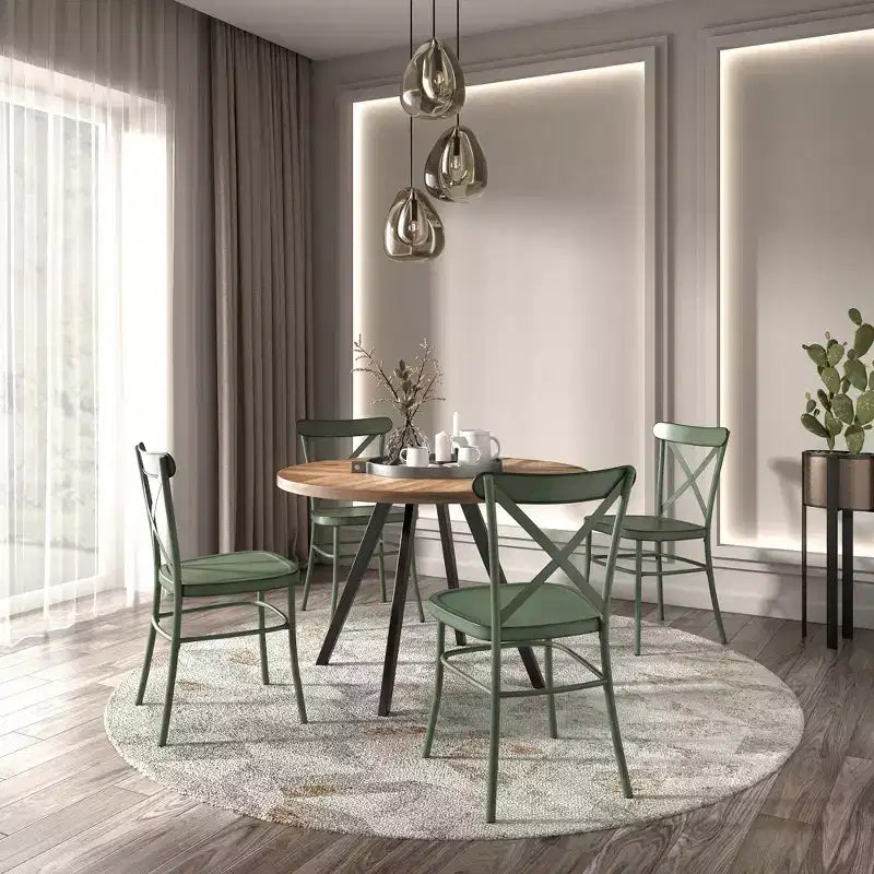 Jolana 45 Round Oak Top Black Finish Dining Table and X-Back Metal Chairs Set - iNSPIRE Q