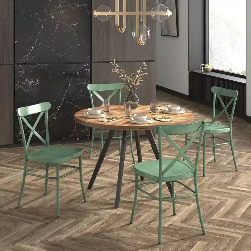 Jolana 45 Round Oak Top Black Finish Dining Table and X-Back Metal Chairs Set - iNSPIRE Q