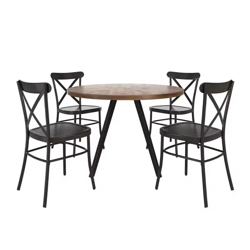 Jolana 45 Round Oak Top Black Finish Dining Table and X-Back Metal Chairs Set - iNSPIRE Q