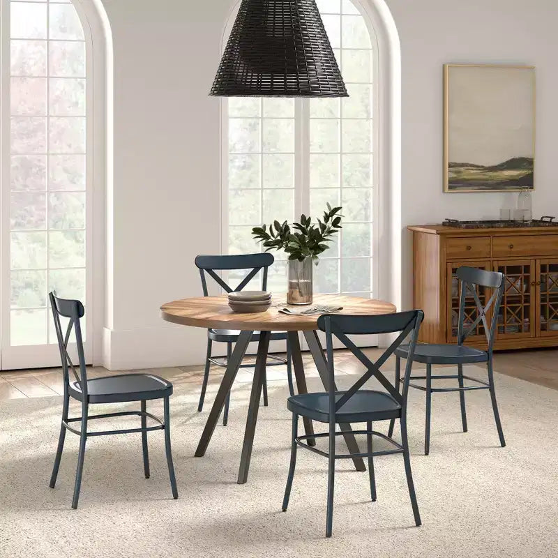 Jolana 45 Round Oak Top Black Finish Dining Table and X-Back Metal Chairs Set - iNSPIRE Q