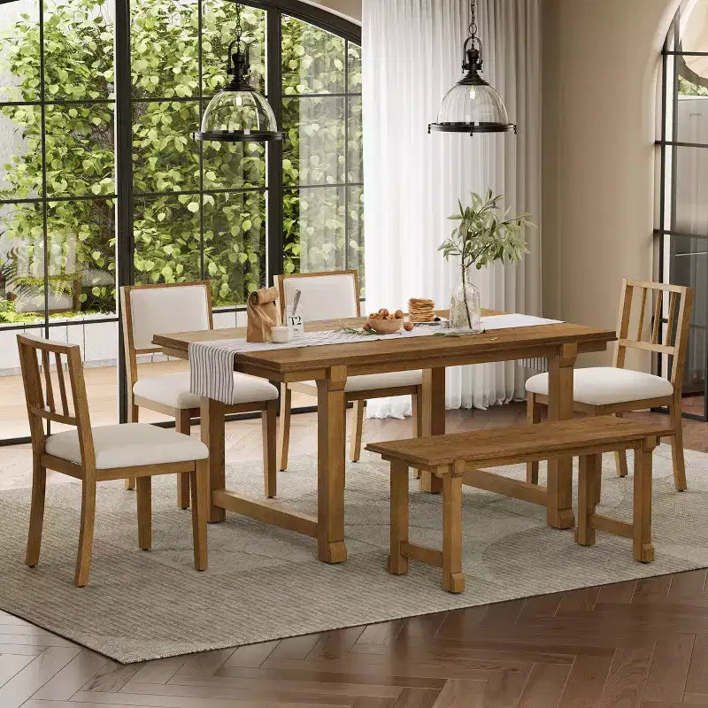 ModernLuxe 6pcs Dining Table Set Dining Set for 6, Family Kitchen Table Set with Ergonomic Padded Dining Chairs & Bench