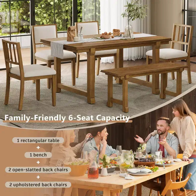 ModernLuxe 6pcs Dining Table Set Dining Set for 6, Family Kitchen Table Set with Ergonomic Padded Dining Chairs & Bench