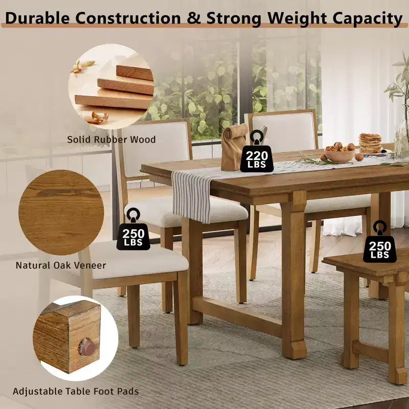 ModernLuxe 6pcs Dining Table Set Dining Set for 6, Family Kitchen Table Set with Ergonomic Padded Dining Chairs & Bench
