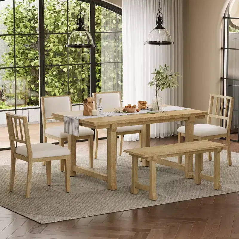 ModernLuxe 6pcs Dining Table Set Dining Set for 6, Family Kitchen Table Set with Ergonomic Padded Dining Chairs & Bench