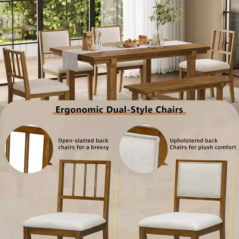 ModernLuxe 6pcs Dining Table Set Dining Set for 6, Family Kitchen Table Set with Ergonomic Padded Dining Chairs & Bench