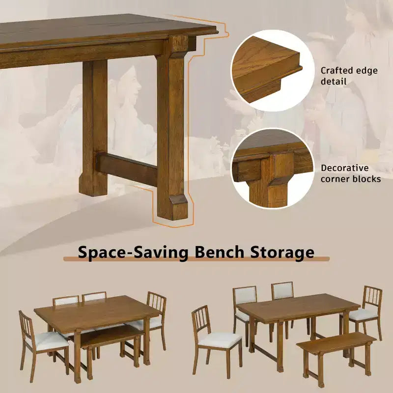 ModernLuxe 6pcs Dining Table Set Dining Set for 6, Family Kitchen Table Set with Ergonomic Padded Dining Chairs & Bench
