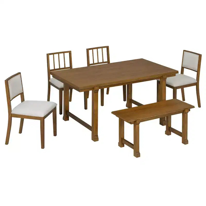 ModernLuxe 6pcs Dining Table Set Dining Set for 6, Family Kitchen Table Set with Ergonomic Padded Dining Chairs & Bench