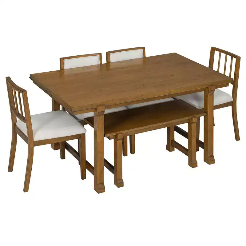 ModernLuxe 6pcs Dining Table Set Dining Set for 6, Family Kitchen Table Set with Ergonomic Padded Dining Chairs & Bench