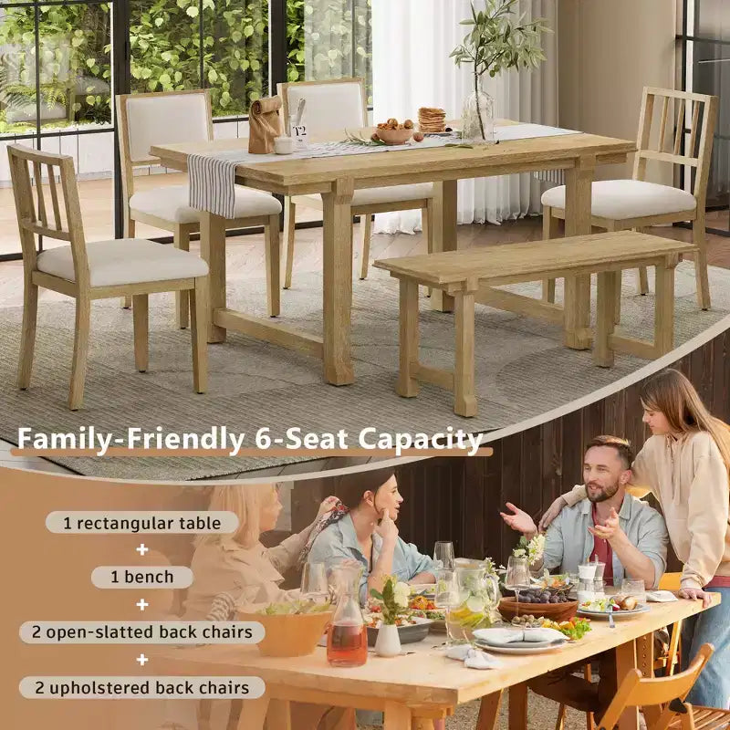 ModernLuxe 6pcs Dining Table Set Dining Set for 6, Family Kitchen Table Set with Ergonomic Padded Dining Chairs & Bench
