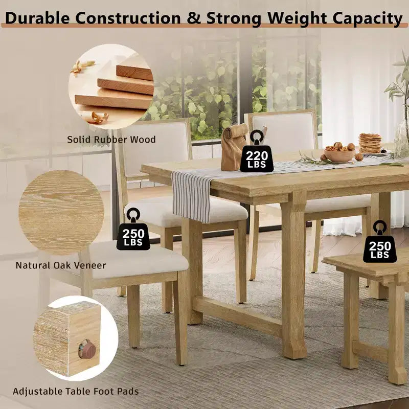 ModernLuxe 6pcs Dining Table Set Dining Set for 6, Family Kitchen Table Set with Ergonomic Padded Dining Chairs & Bench