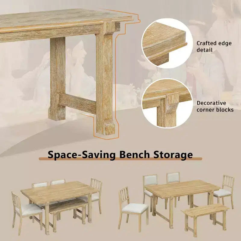 ModernLuxe 6pcs Dining Table Set Dining Set for 6, Family Kitchen Table Set with Ergonomic Padded Dining Chairs & Bench