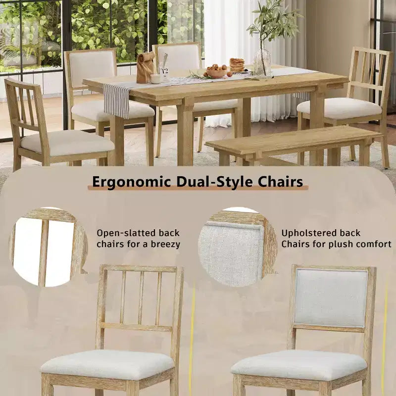 ModernLuxe 6pcs Dining Table Set Dining Set for 6, Family Kitchen Table Set with Ergonomic Padded Dining Chairs & Bench