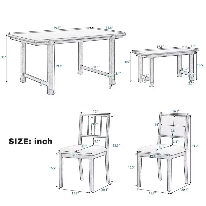 ModernLuxe 6pcs Dining Table Set Dining Set for 6, Family Kitchen Table Set with Ergonomic Padded Dining Chairs & Bench