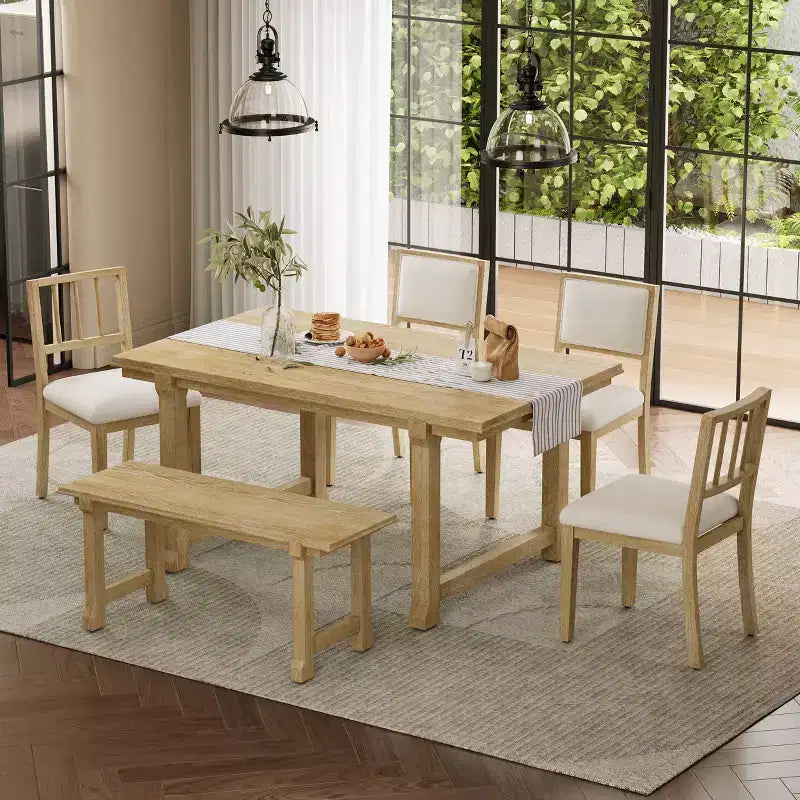 ModernLuxe 6pcs Dining Table Set Dining Set for 6, Family Kitchen Table Set with Ergonomic Padded Dining Chairs & Bench